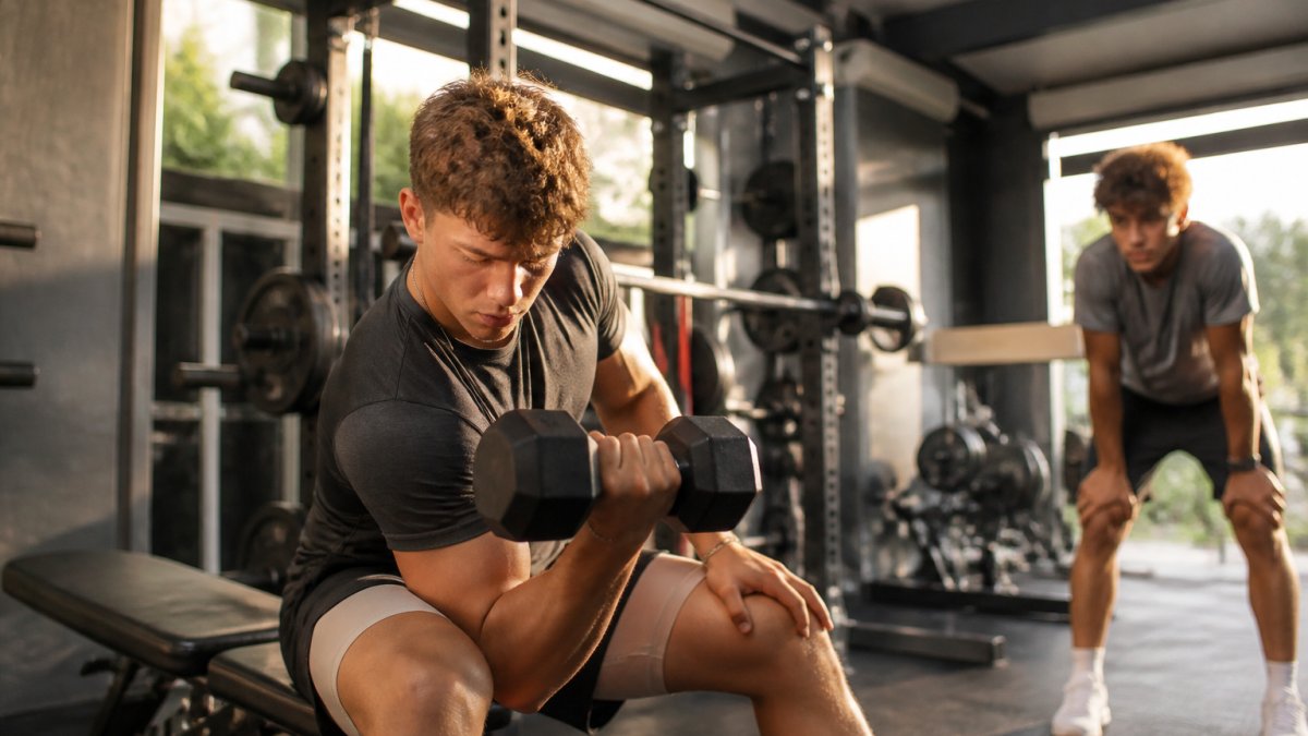 Young football player performing dumbbell exercises in weight room with modern strength training equipment and proper form