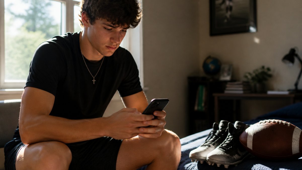 Athlete checking a phone to book elite football training sessions with cleats and a ball nearby