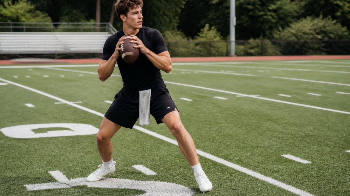 Quarterback in athletic stance demonstrating proper drop-back footwork on a football field, showing body positioning and lower-body alignment with clear field markings