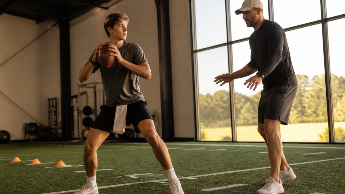 Young quarterback in athletic stance during footwork drill, coach providing feedback on throwing mechanics in modern training facility with natural lighting