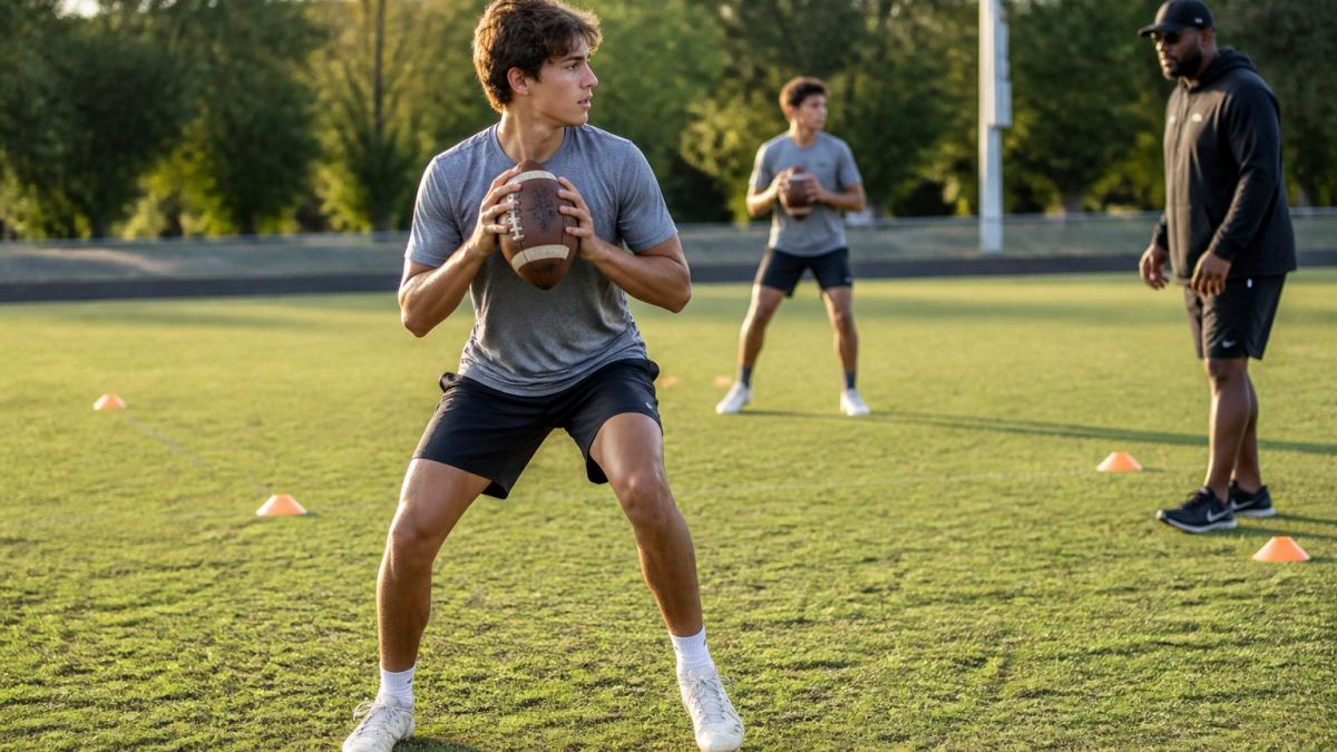 High school quarterback in athletic stance demonstrating proper posture with ball held at chest level, shoulders aligned, during footwork drill on grass field with natural afternoon lighting