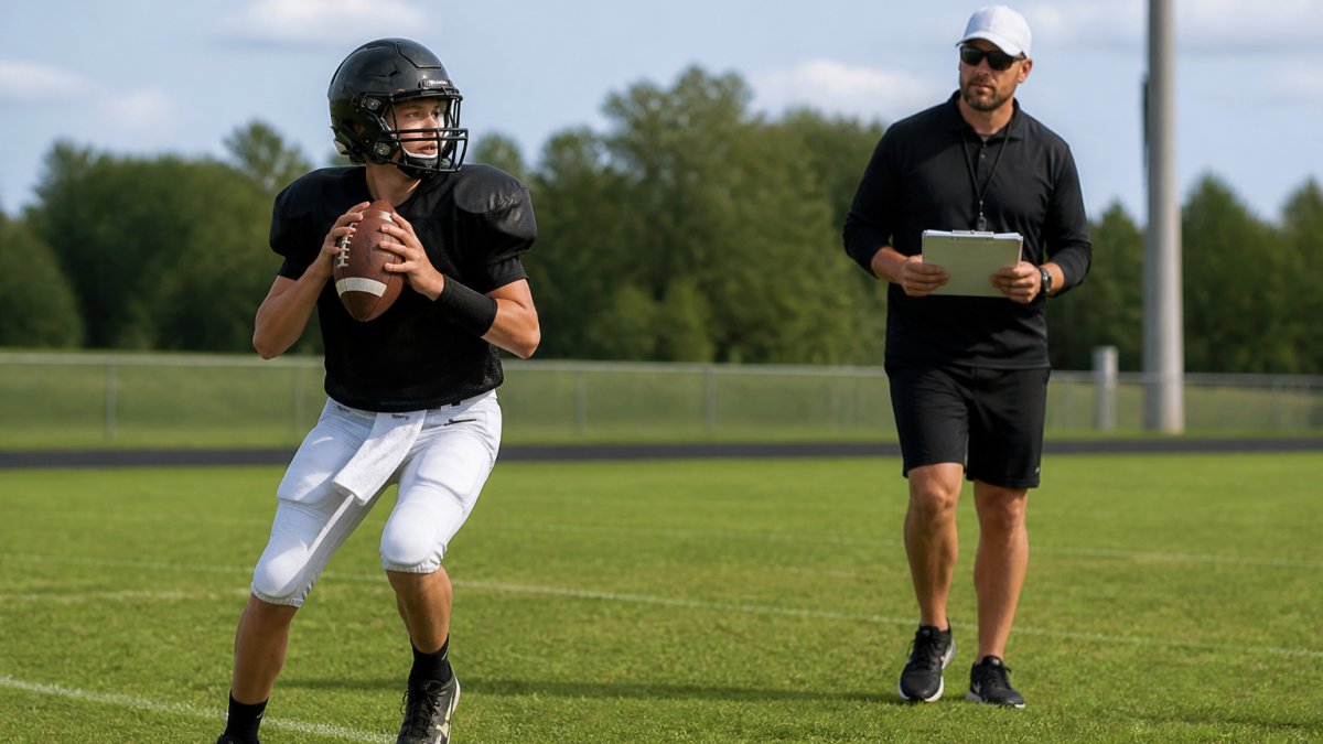 A young quarterback in full pads practicing a dropback on a grassy field, with a coach holding a clipboard nearby under clear skies